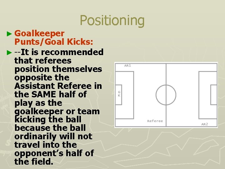 ► Goalkeeper Positioning Punts/Goal Kicks: ► --It is recommended that referees position themselves opposite