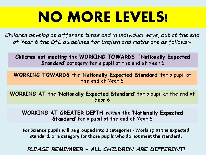 NO MORE LEVELS! Children develop at different times and in individual ways, but at