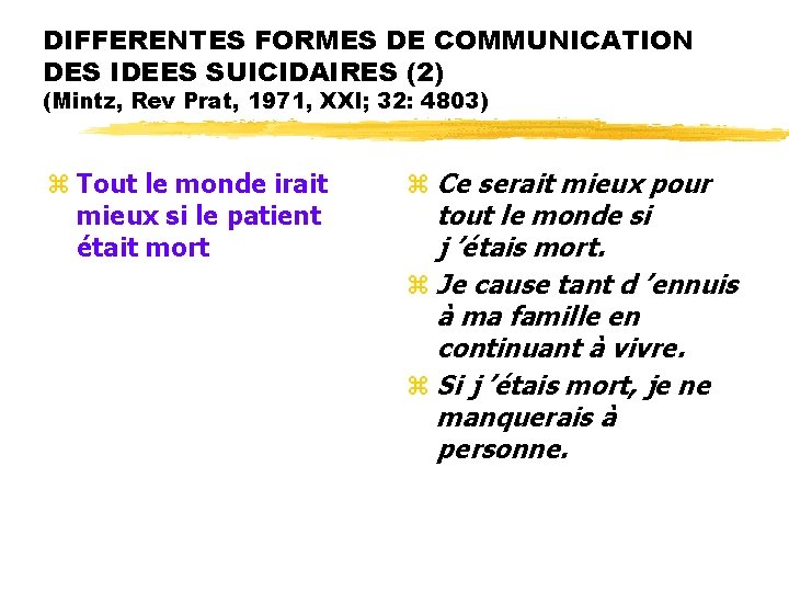 DIFFERENTES FORMES DE COMMUNICATION DES IDEES SUICIDAIRES (2) (Mintz, Rev Prat, 1971, XXI; 32: