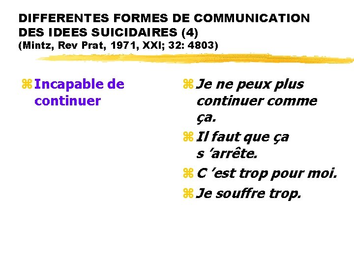 DIFFERENTES FORMES DE COMMUNICATION DES IDEES SUICIDAIRES (4) (Mintz, Rev Prat, 1971, XXI; 32: