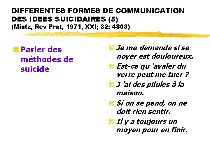 DIFFERENTES FORMES DE COMMUNICATION DES IDEES SUICIDAIRES (5) (Mintz, Rev Prat, 1971, XXI; 32: