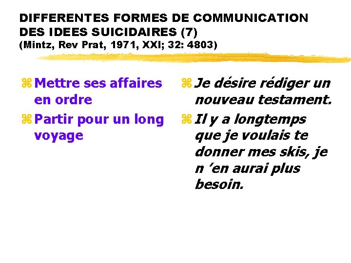 DIFFERENTES FORMES DE COMMUNICATION DES IDEES SUICIDAIRES (7) (Mintz, Rev Prat, 1971, XXI; 32: