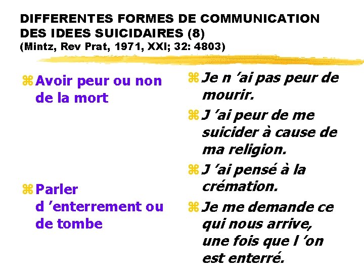 DIFFERENTES FORMES DE COMMUNICATION DES IDEES SUICIDAIRES (8) (Mintz, Rev Prat, 1971, XXI; 32: