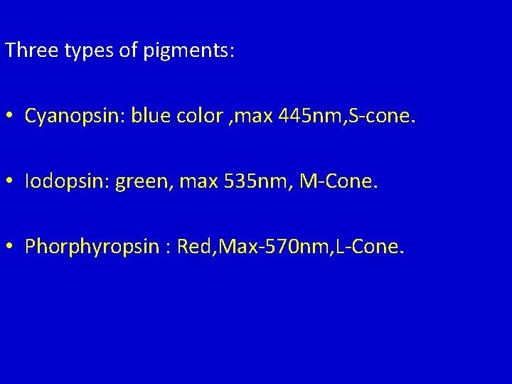 Three types of pigments: • Cyanopsin: blue color , max 445 nm, S-cone. •