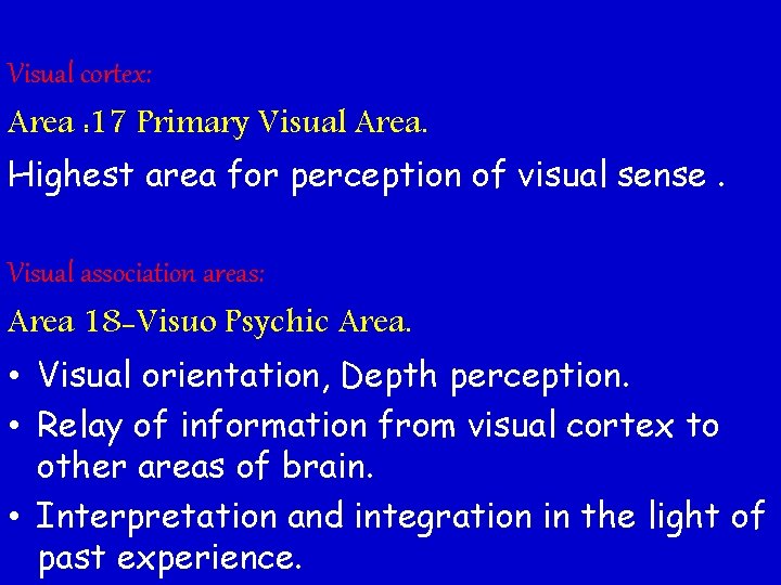 Visual cortex: Area : 17 Primary Visual Area. Highest area for perception of visual