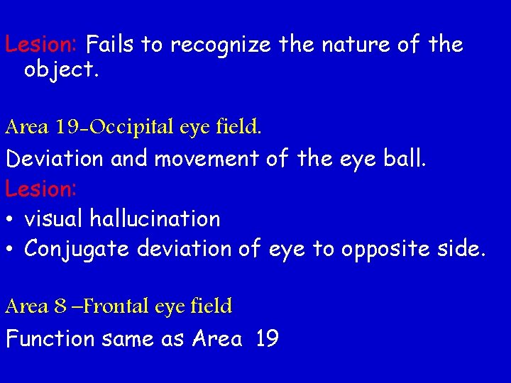 Lesion: Fails to recognize the nature of the object. Area 19 -Occipital eye field.