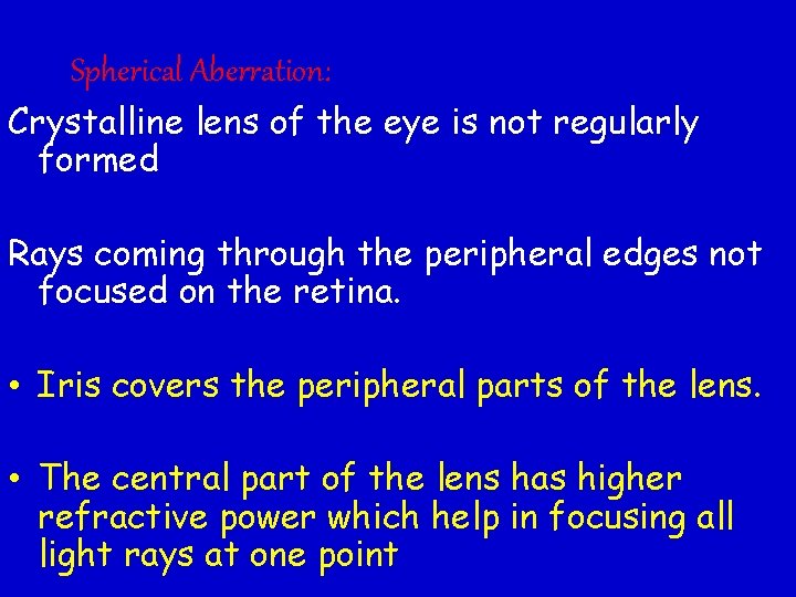 Spherical Aberration: Crystalline lens of the eye is not regularly formed Rays coming through