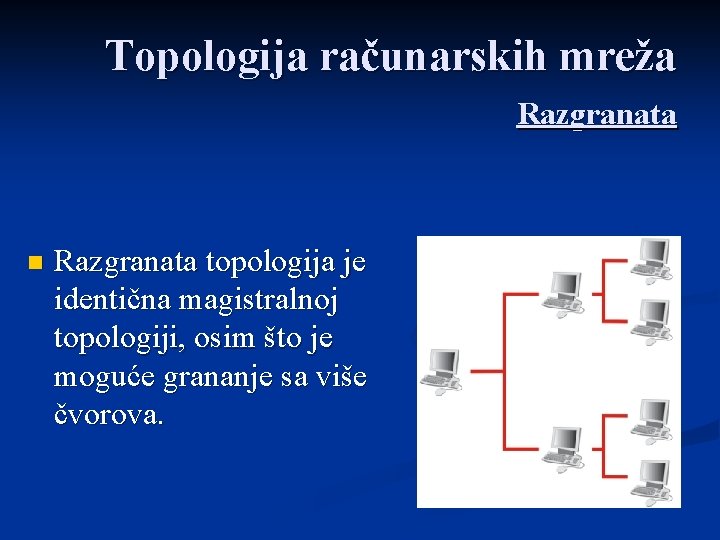 Topologija računarskih mreža Razgranata n Razgranata topologija je identična magistralnoj topologiji, osim što je