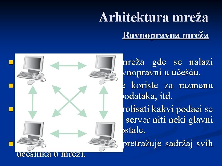 Arhitektura mreža Ravnopravna mreža Peer-to-Peer (P 2 P) je mreža gde se nalazi mnoštvo