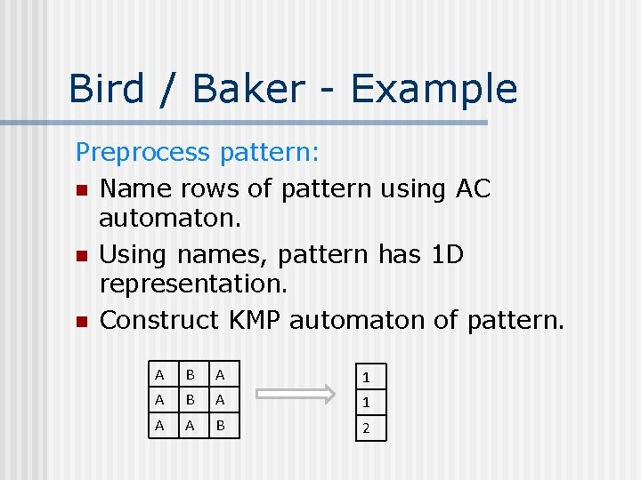 Bird / Baker - Example Preprocess pattern: n Name rows of pattern using AC