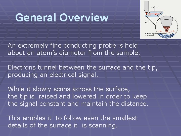 General Overview An extremely fine conducting probe is held about an atom’s diameter from