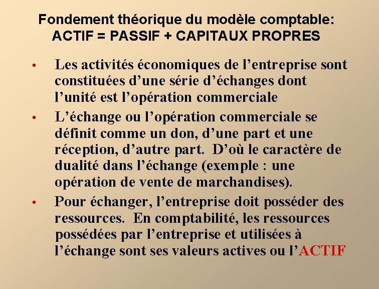 Fondement théorique du modèle comptable: ACTIF = PASSIF + CAPITAUX PROPRES • • •