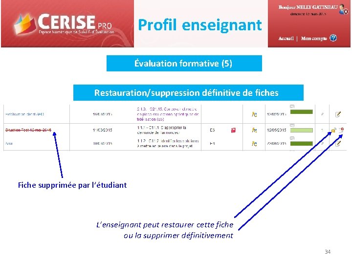 Profil enseignant Évaluation formative (5) Restauration/suppression définitive de fiches Fiche supprimée par l’étudiant L’enseignant