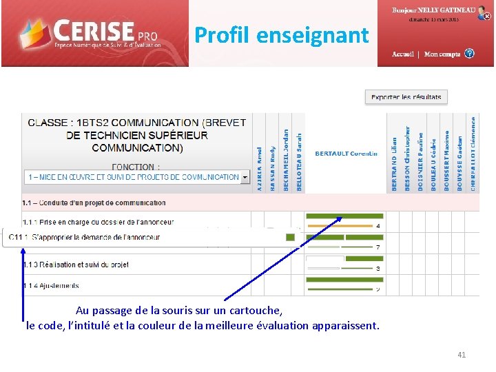 Profil enseignant Au passage de la souris sur un cartouche, le code, l’intitulé et