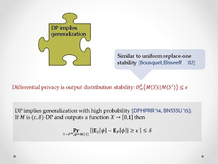 DP implies generalization Similar to uniform replace-one stability [Bousquet, Elisseeff ‘ 02] 