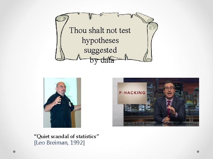 Thou shalt not test hypotheses suggested by data “Quiet scandal of statistics” [Leo Breiman,