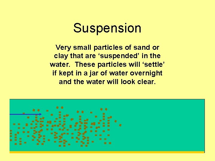 Suspension Very small particles of sand or clay that are ‘suspended’ in the water.