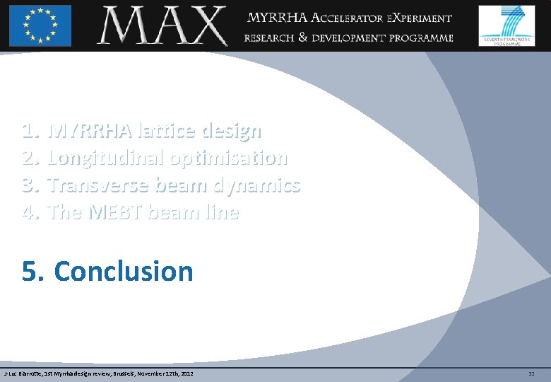 1. MYRRHA lattice design 2. Longitudinal optimisation 3. Transverse beam dynamics 4. The MEBT