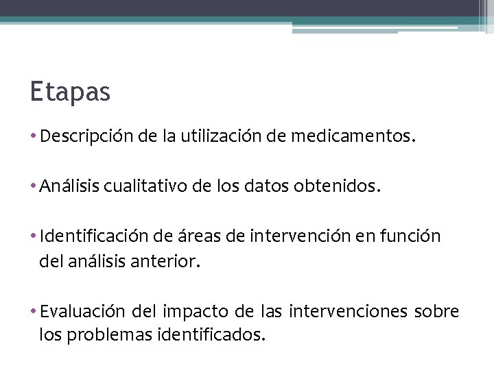 Etapas • Descripción de la utilización de medicamentos. • Análisis cualitativo de los datos