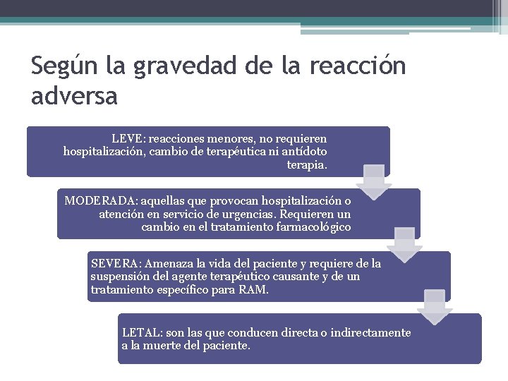 Según la gravedad de la reacción adversa LEVE: reacciones menores, no requieren hospitalización, cambio