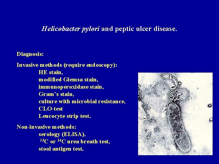 Helicobacter pylori and peptic ulcer disease. Diagnosis: Invasive methods (require endoscopy): HE stain, modified