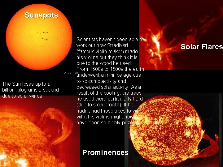 Sunspots The Sun loses up to a billion kilograms a second due to solar