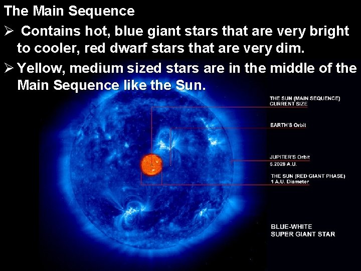 The Main Sequence Ø Contains hot, blue giant stars that are very bright to