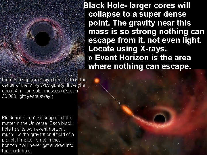 Black Hole- larger cores will collapse to a super dense point. The gravity near