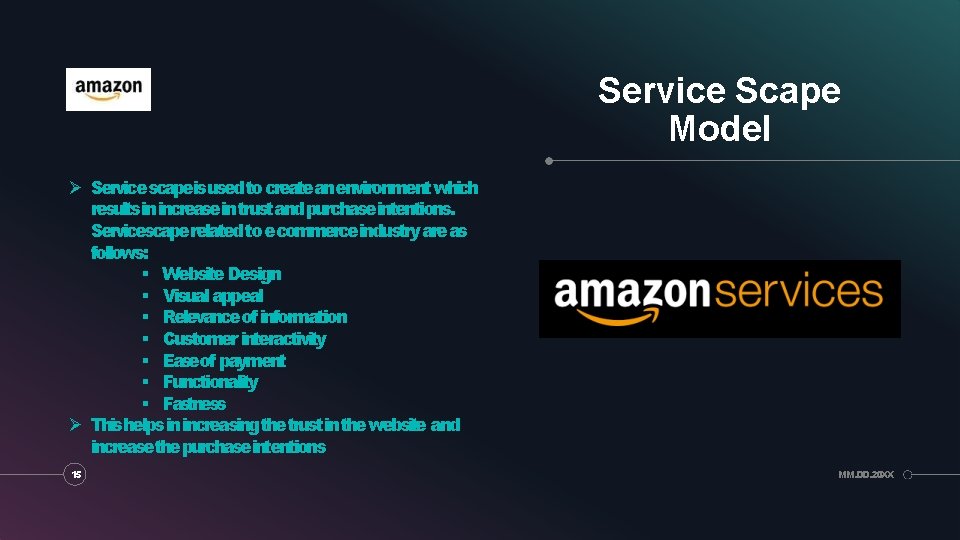 Service Scape Model Servicescapeisusedto createanenvironment which resultsin increasein trustand purchaseintentions. Servicescaperelated to ecommerceindustry areas Service Scape Model Servicescapeisusedto createanenvironment which resultsin increasein trustand purchaseintentions. Servicescaperelated to ecommerceindustry areas