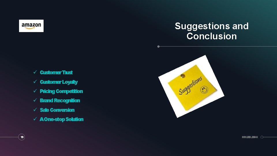 Suggestions and Conclusion Customer Trust Customer Loyalty Pricing Competition Brand Recognition Sale Conversion A Suggestions and Conclusion Customer Trust Customer Loyalty Pricing Competition Brand Recognition Sale Conversion A