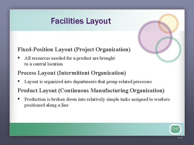 Facilities Layout Fixed-Position Layout (Project Organization) § All resources needed for a product are