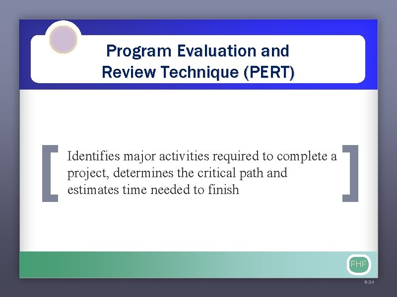 Program Evaluation and Review Technique (PERT) [ Identifies major activities required to complete a
