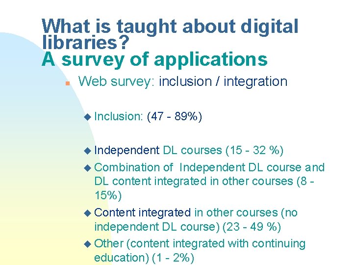 What is taught about digital libraries? A survey of applications n Web survey: inclusion