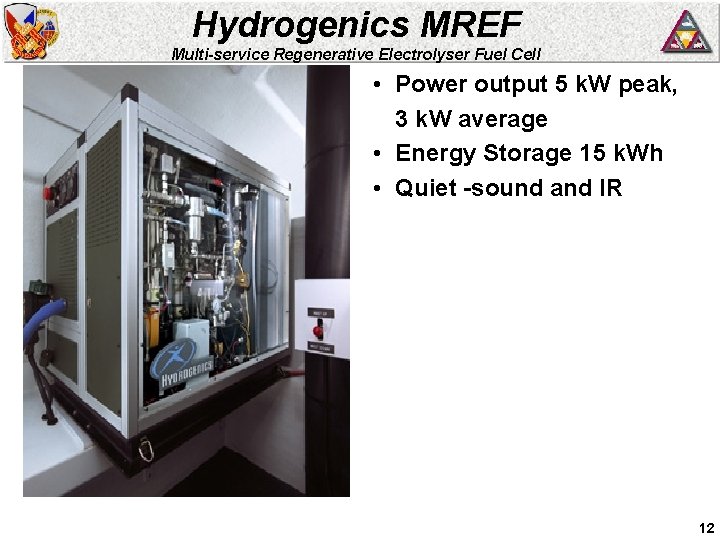 Hydrogenics MREF Multi-service Regenerative Electrolyser Fuel Cell • • • Power output 5 k.