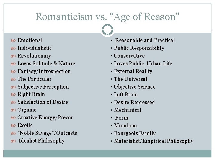 Romanticism vs. “Age of Reason” Emotional Individualistic Revolutionary Loves Solitude & Nature Fantasy/Introspection The