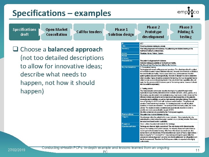 Specifications – examples Specifications draft Open Market Consultation Call for tenders Phase 1 Solution