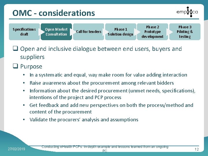 OMC - considerations Specifications draft Open Market Consultation Call for tenders Phase 1 Solution