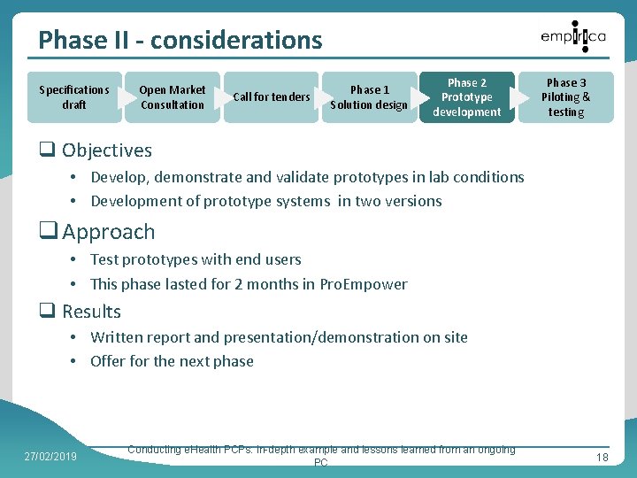 Phase II - considerations Specifications draft Open Market Consultation Call for tenders Phase 1