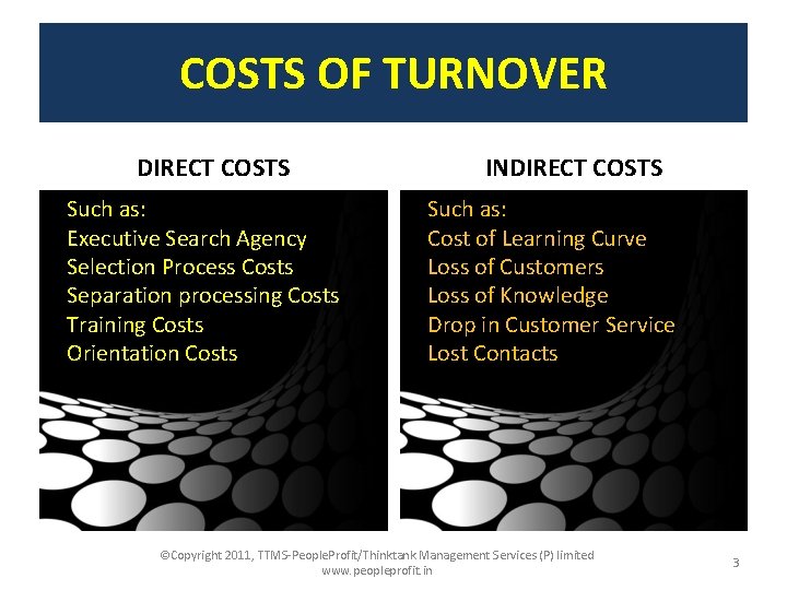COSTS OF TURNOVER DIRECT COSTS Such as: Executive Search Agency Selection Process Costs Separation