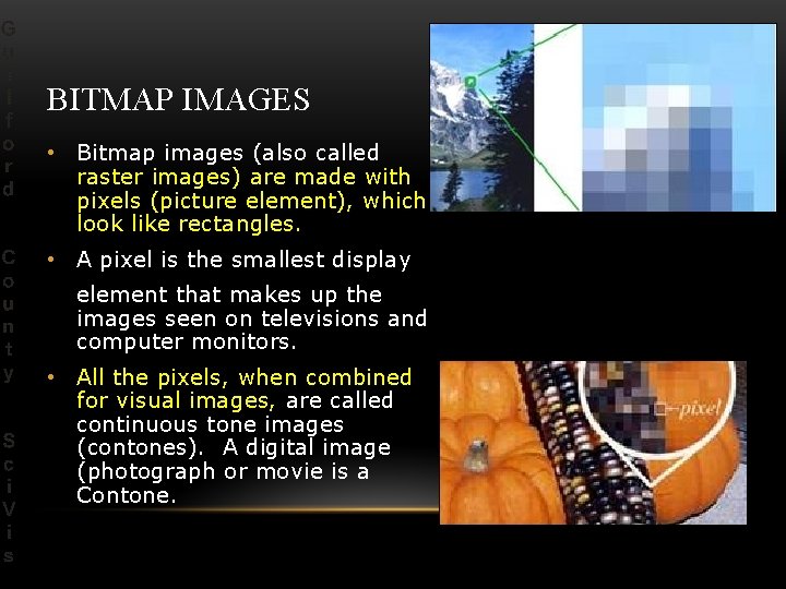 BITMAP IMAGES • Bitmap images (also called raster images) are made with pixels (picture