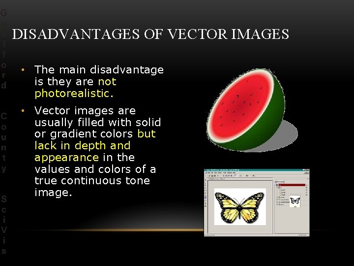 DISADVANTAGES OF VECTOR IMAGES • The main disadvantage is they are not photorealistic. •