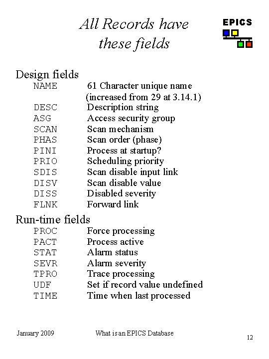 All Records have these fields EPICS Design fields NAME 61 Character unique name (increased