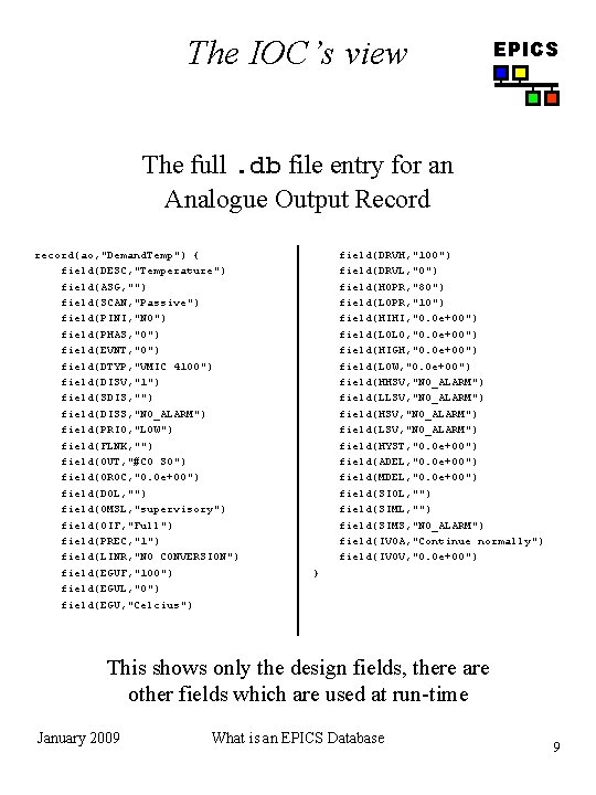 The IOC’s view EPICS The full. db file entry for an Analogue Output Record