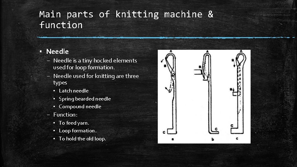 Main parts of knitting machine & function ▪ Needle – Needle is a tiny Main parts of knitting machine & function ▪ Needle – Needle is a tiny