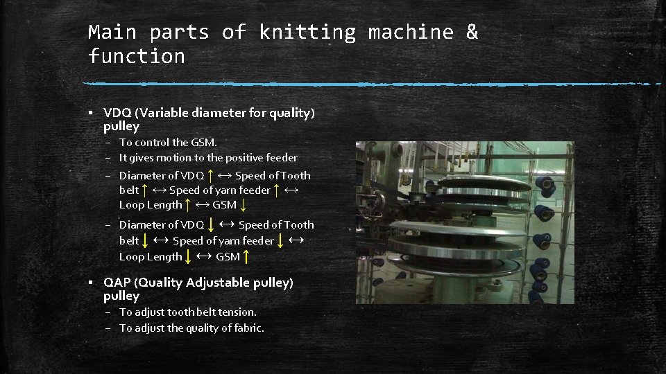 Main parts of knitting machine & function ▪ VDQ (Variable diameter for quality) pulley Main parts of knitting machine & function ▪ VDQ (Variable diameter for quality) pulley