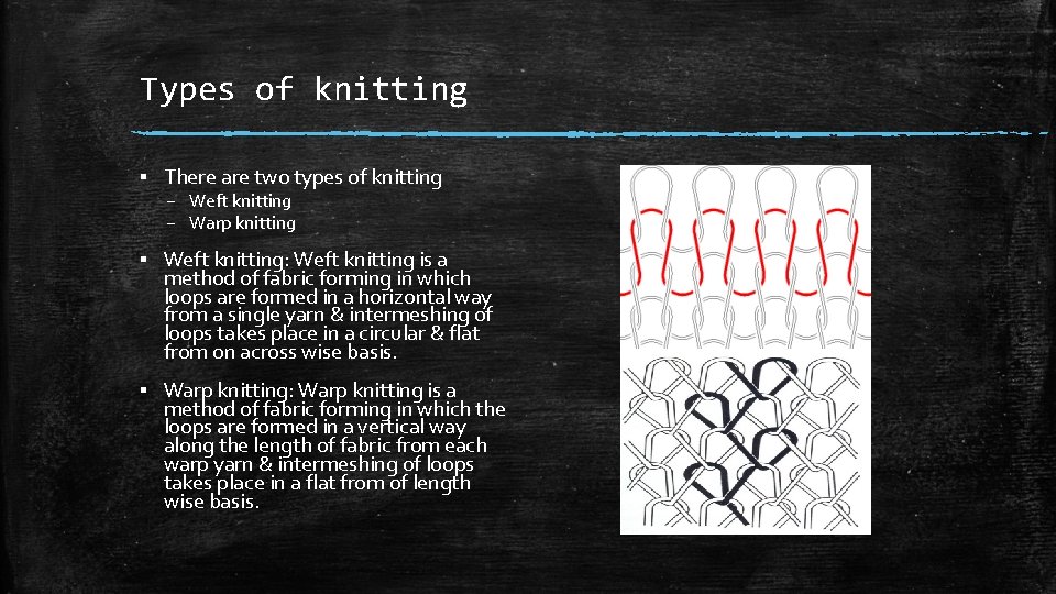 Types of knitting ▪ There are two types of knitting – Weft knitting – Types of knitting ▪ There are two types of knitting – Weft knitting –
