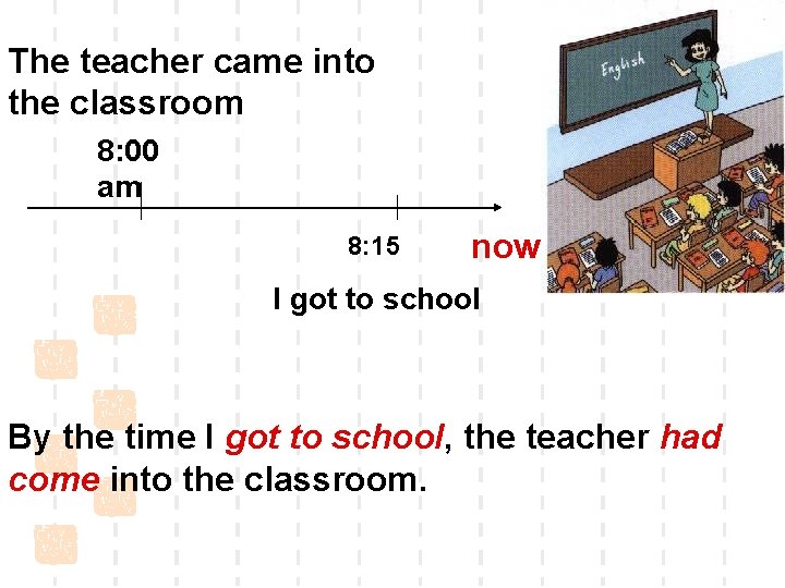 The teacher came into the classroom 8: 00 am 8: 15 now I got