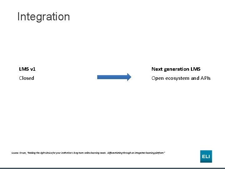 Integration LMS v 1 Next generation LMS Closed Open ecosystem and APIs Source: Ovum,