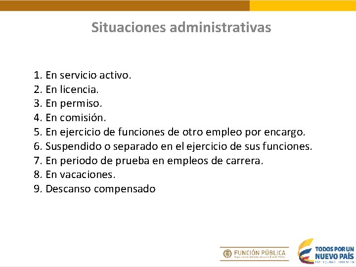 Situaciones administrativas 1. En servicio activo. 2. En licencia. 3. En permiso. 4. En