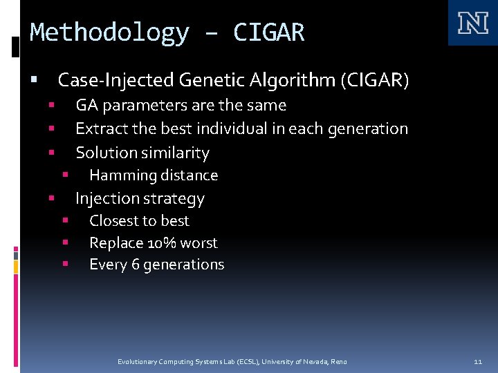 Methodology – CIGAR Case-Injected Genetic Algorithm (CIGAR) GA parameters are the same Extract the